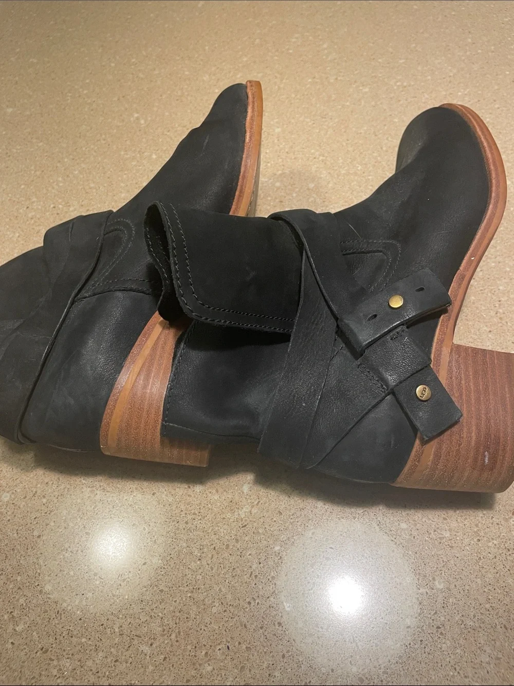 UGG Black Leather Ankle Booties with Wrap Strap